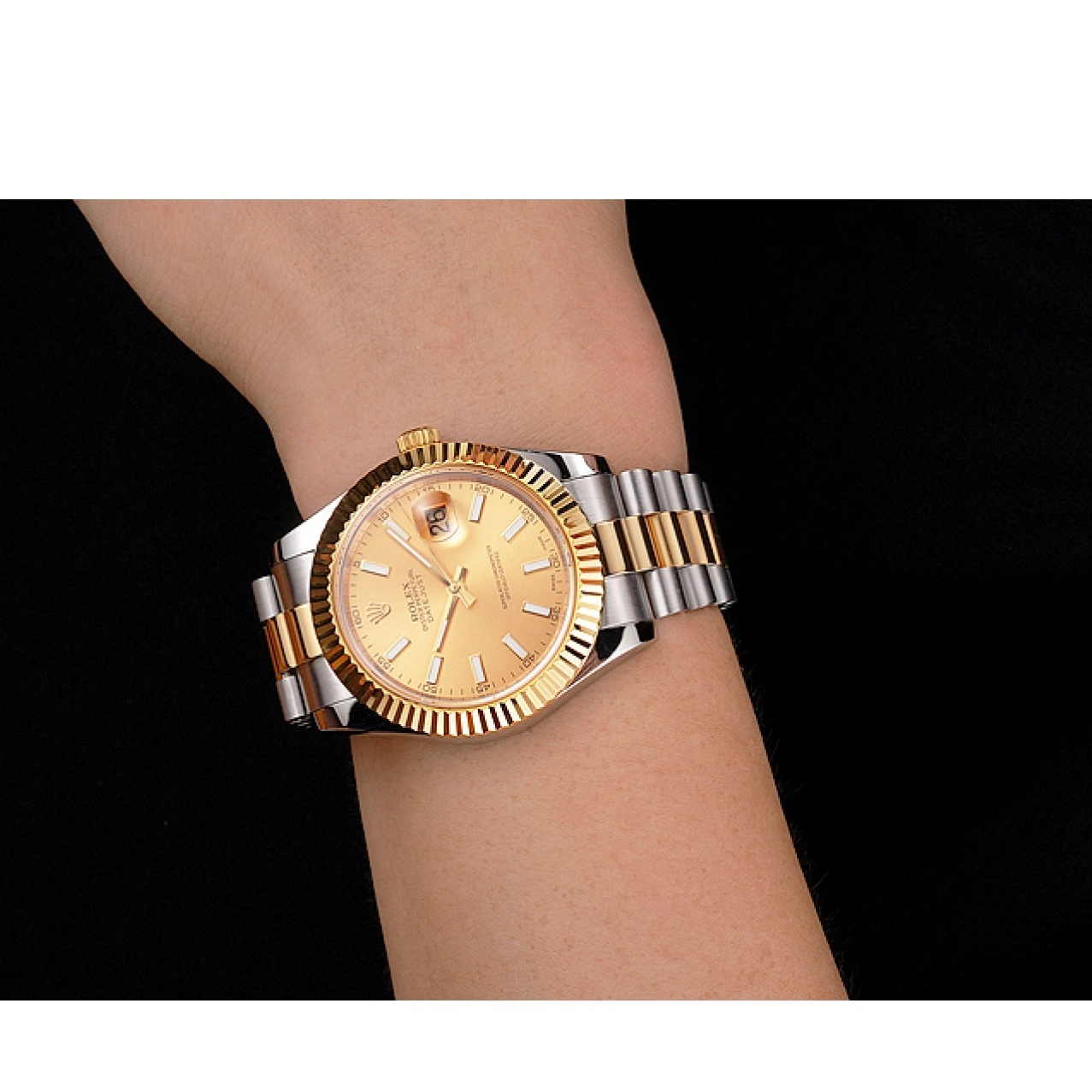Aaa fake watches Gold Datejust Bezel Stainless Swiss Bracelet Gold Steel Case Rolex Dial Tone Two 0522